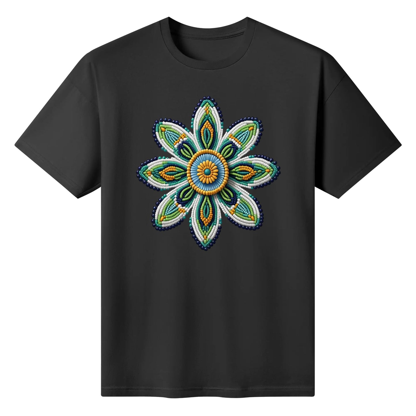 Women's Green Beaded Flower Cotton T-Shirt