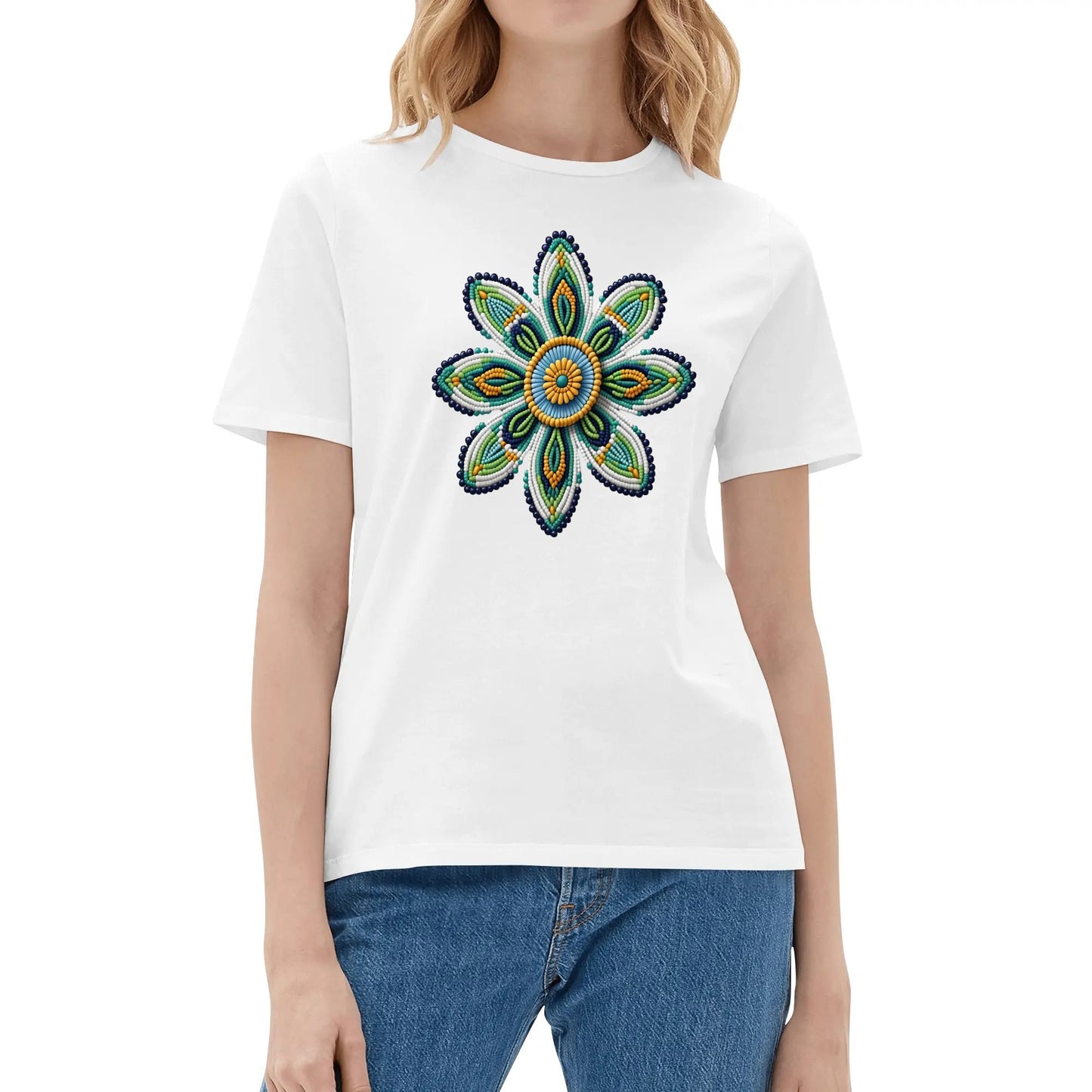 Women's Green Beaded Flower Cotton T-Shirt