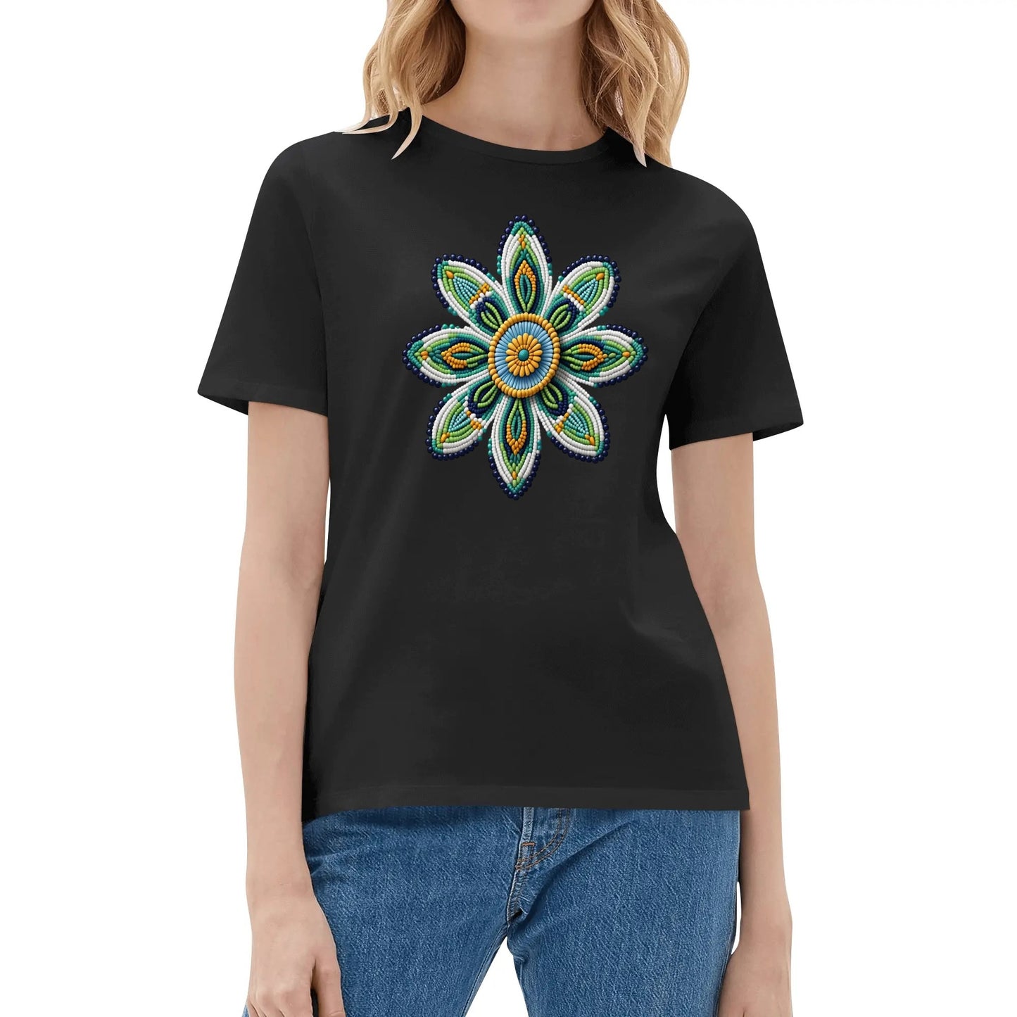 Women's Green Beaded Flower Cotton T-Shirt