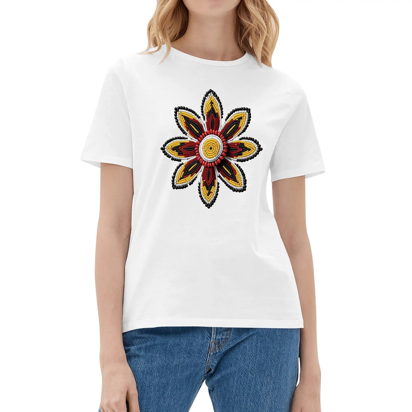 Women's Red Beaded Flower Cotton T-Shirt