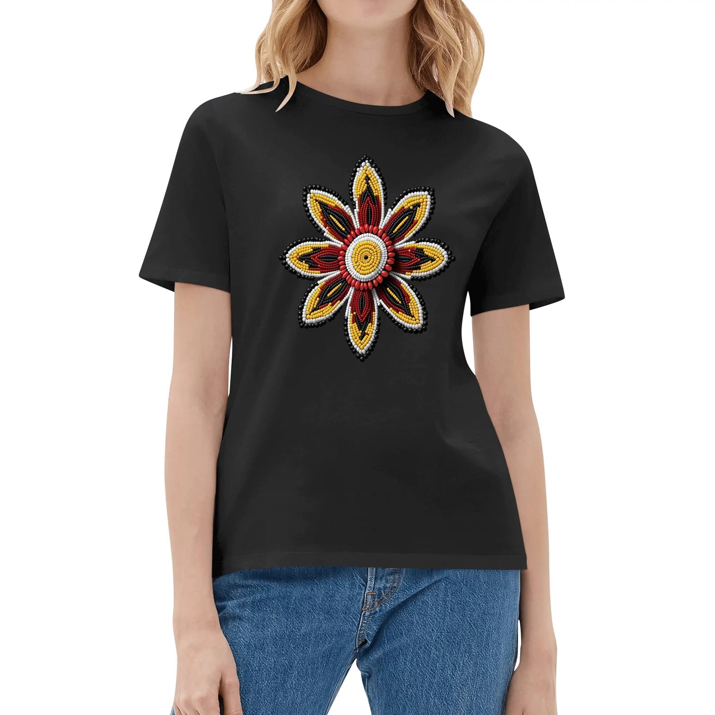 Women's Red Beaded Flower Cotton T-Shirt