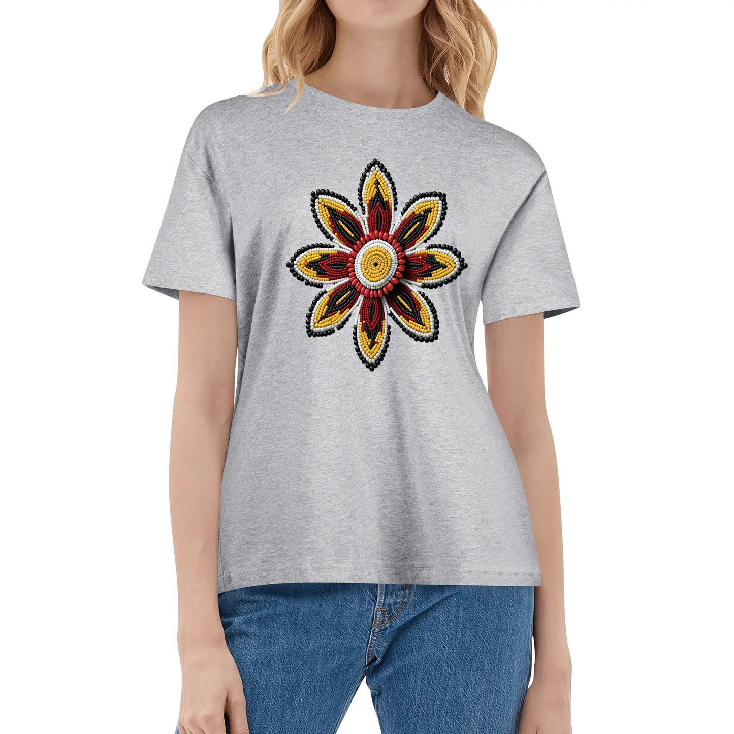 Women's Red Beaded Flower Cotton T-Shirt