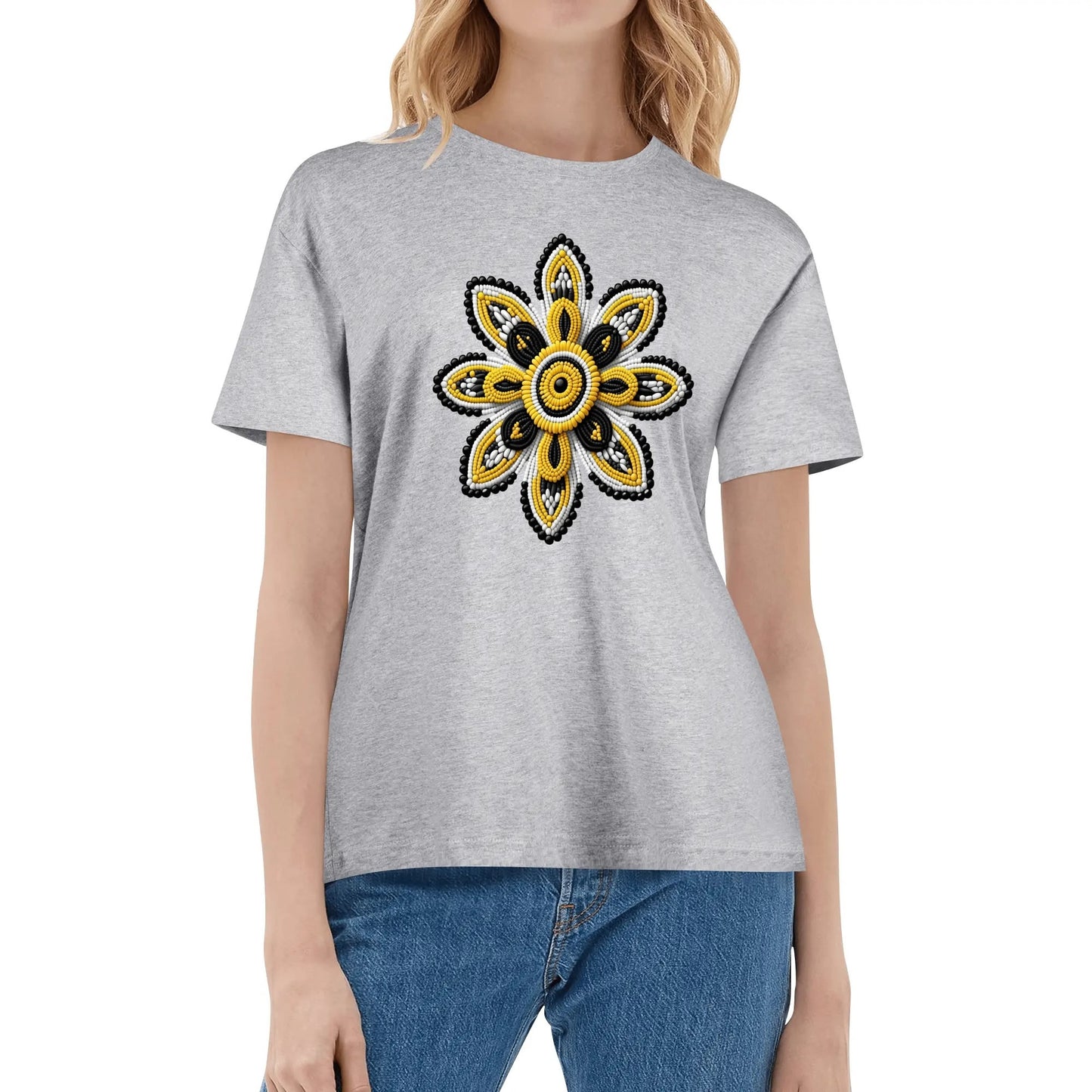 Women's Yellow Beaded Flower Cotton T-Shirt