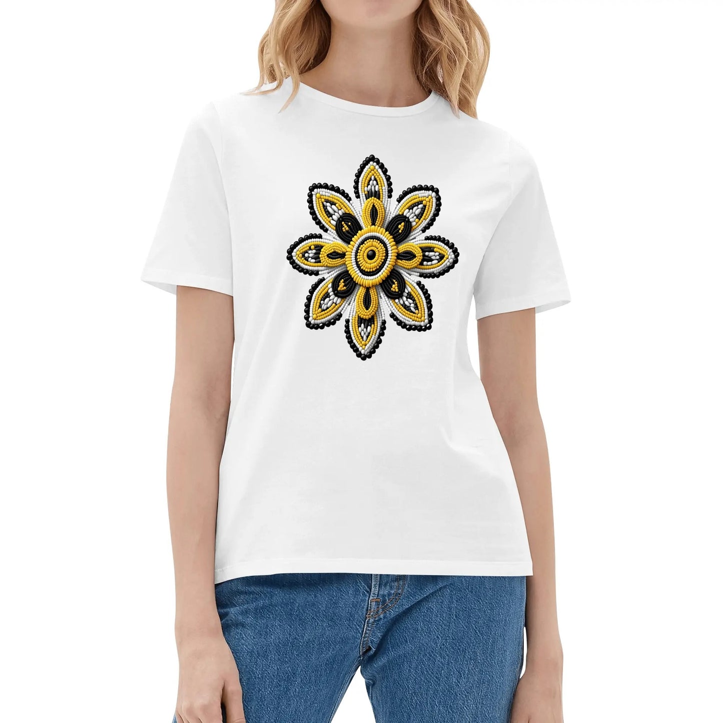 Women's Yellow Beaded Flower Cotton T-Shirt