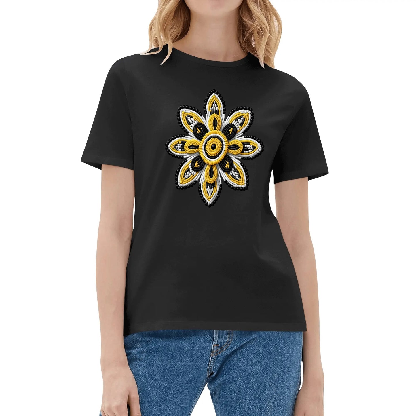 Women's Yellow Beaded Flower Cotton T-Shirt