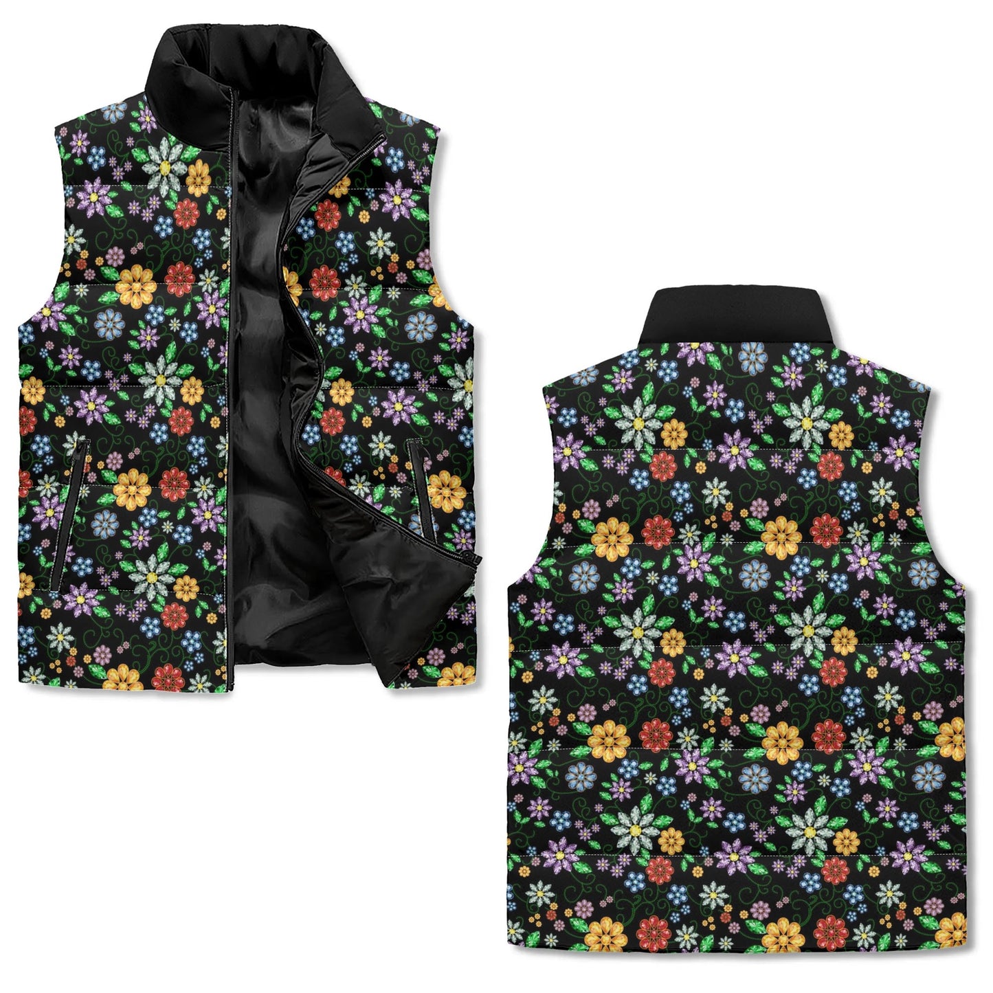 Unisex Métis Inspired Floral Beaded Lightweight Puffer Vest