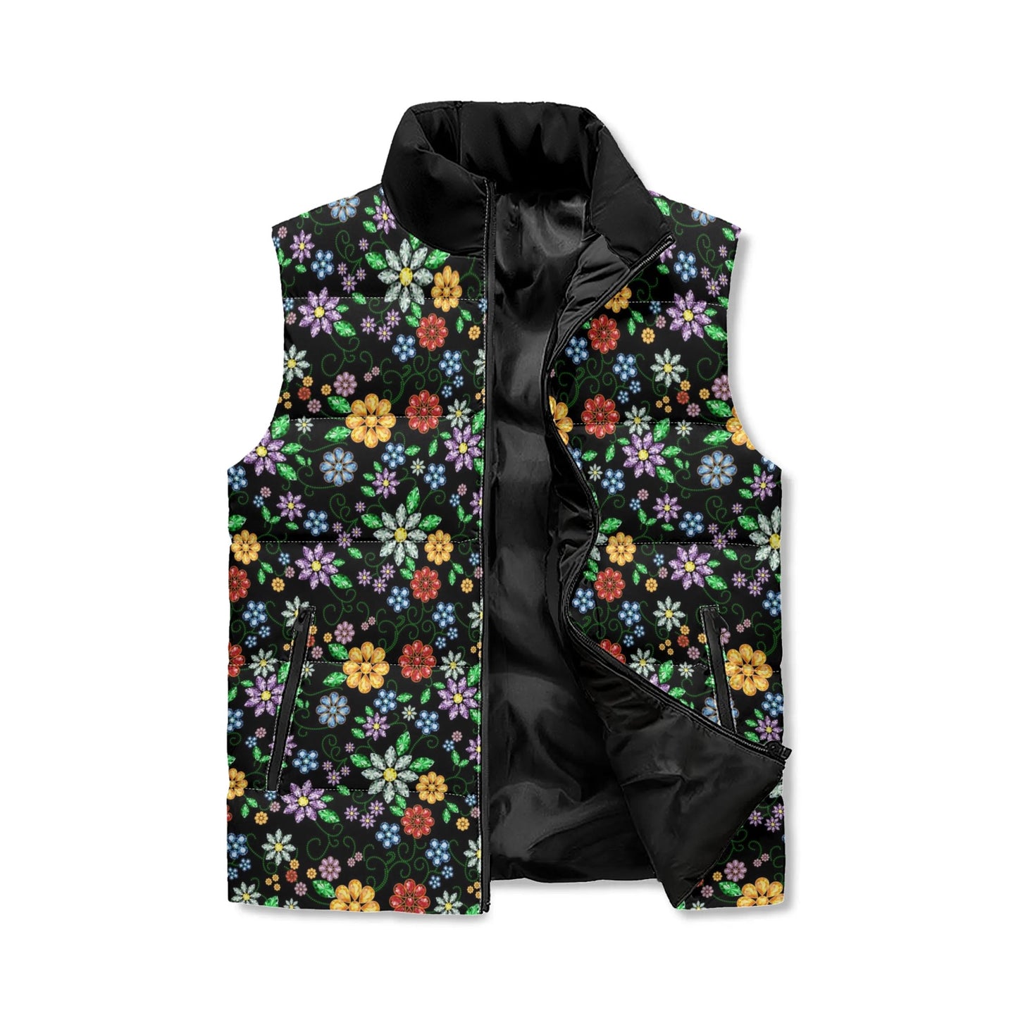 Unisex Métis Inspired Floral Beaded Lightweight Puffer Vest