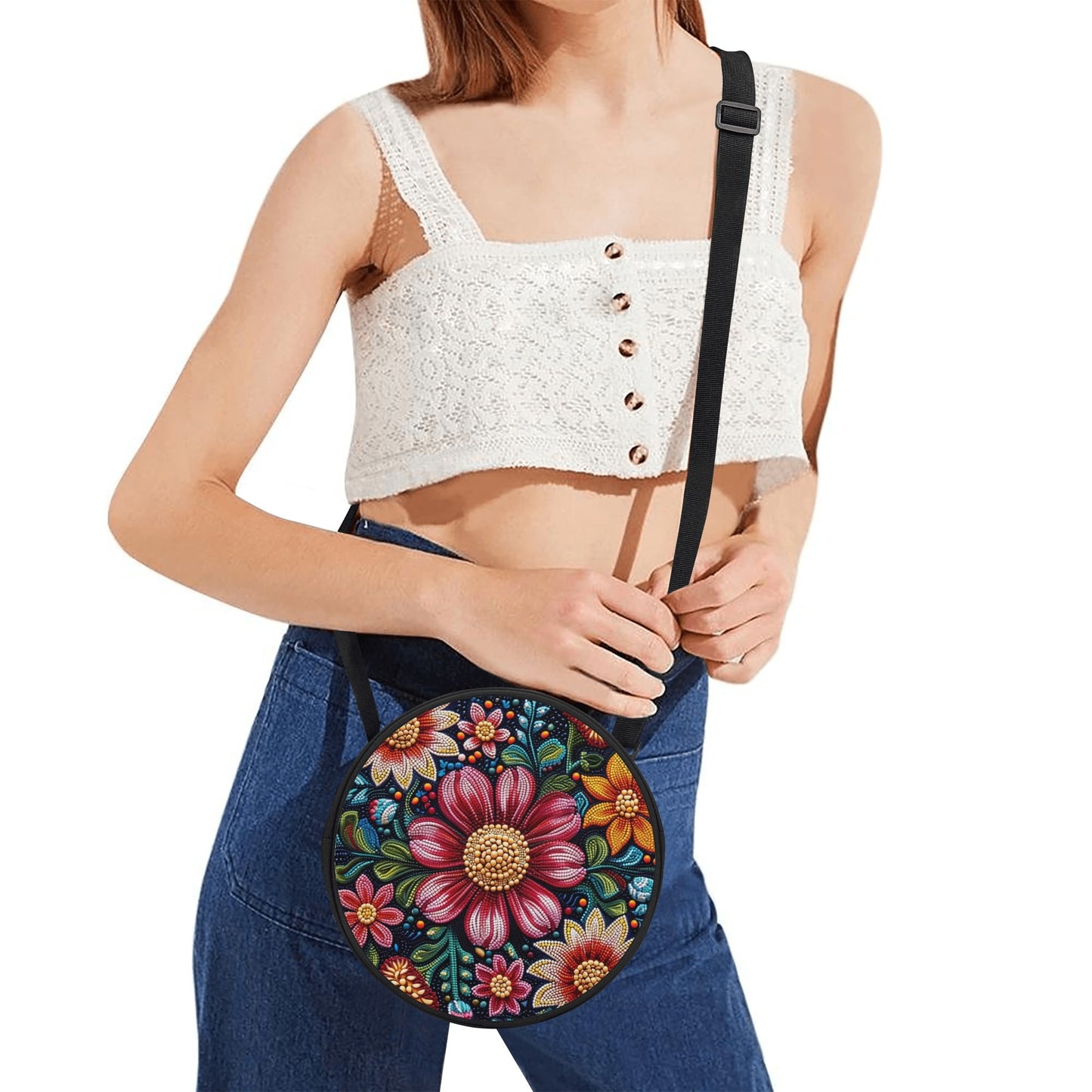 Fall Beaded Print Round Satchel Bag