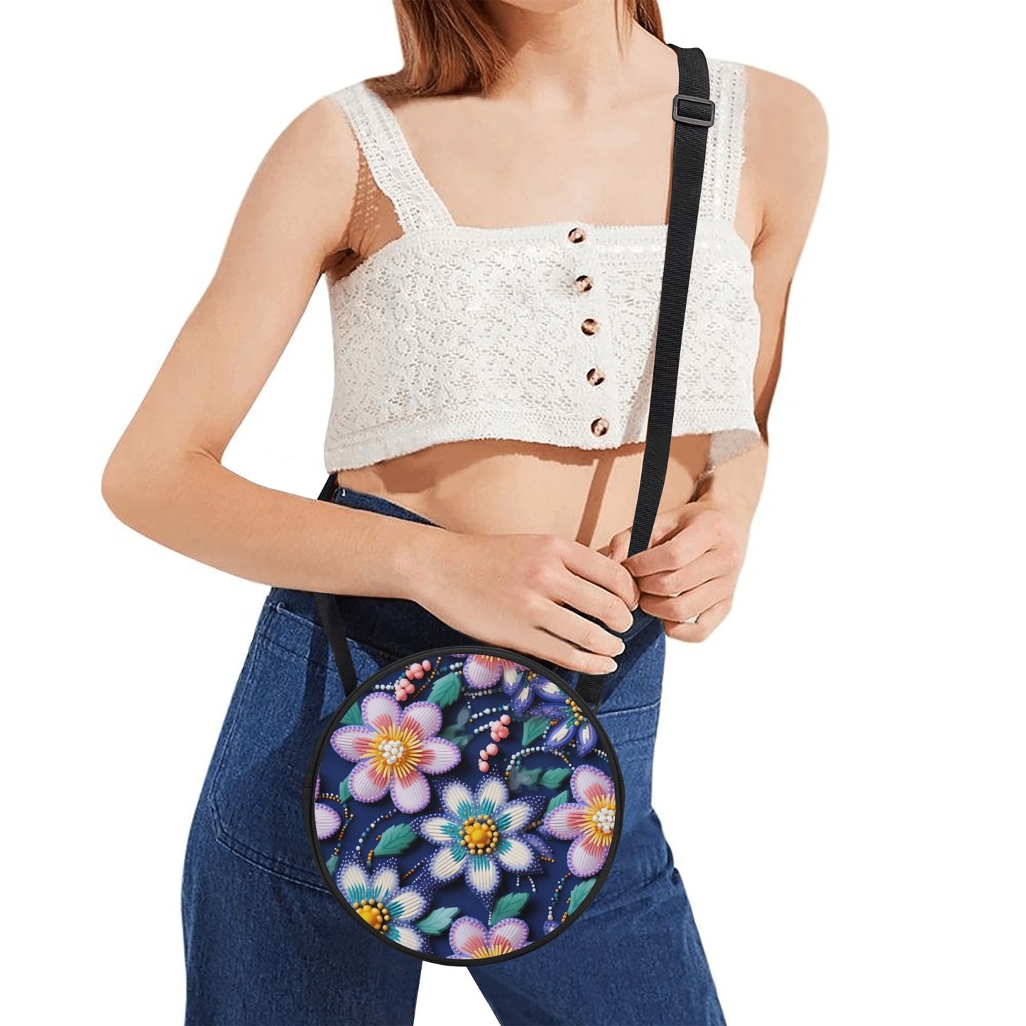 Spring Beaded Print Round Satchel Bag