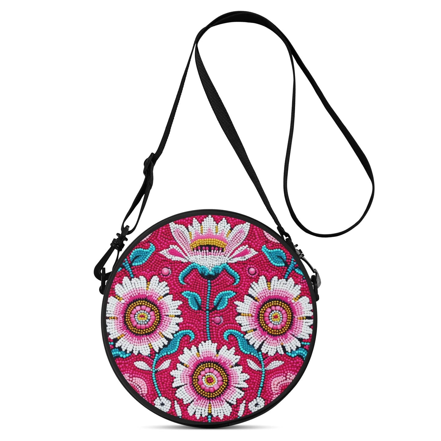 Pink Floral Beaded Round Satchel Bag