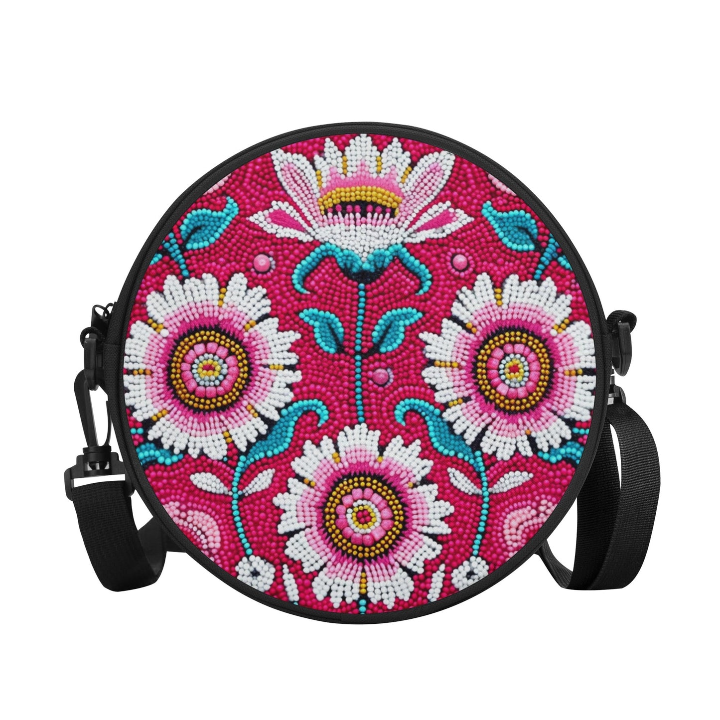 Pink Floral Beaded Round Satchel Bag