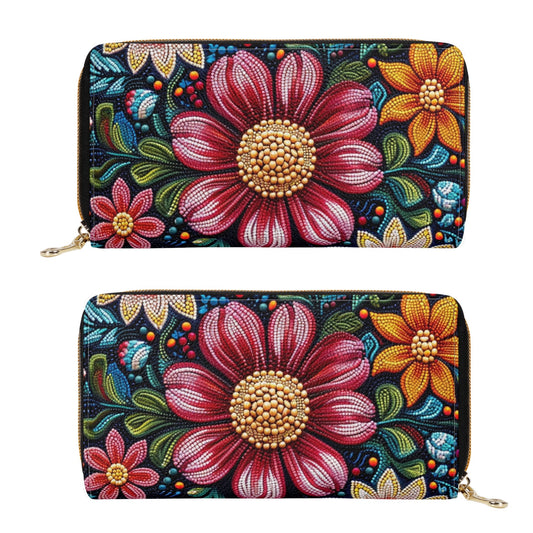 Fall Beaded Print PU Zipper Wallet