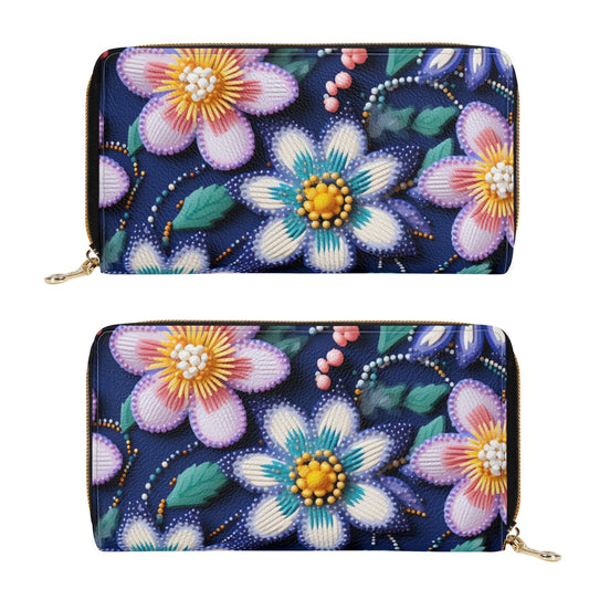 Spring Beaded Print PU Zipper Wallet