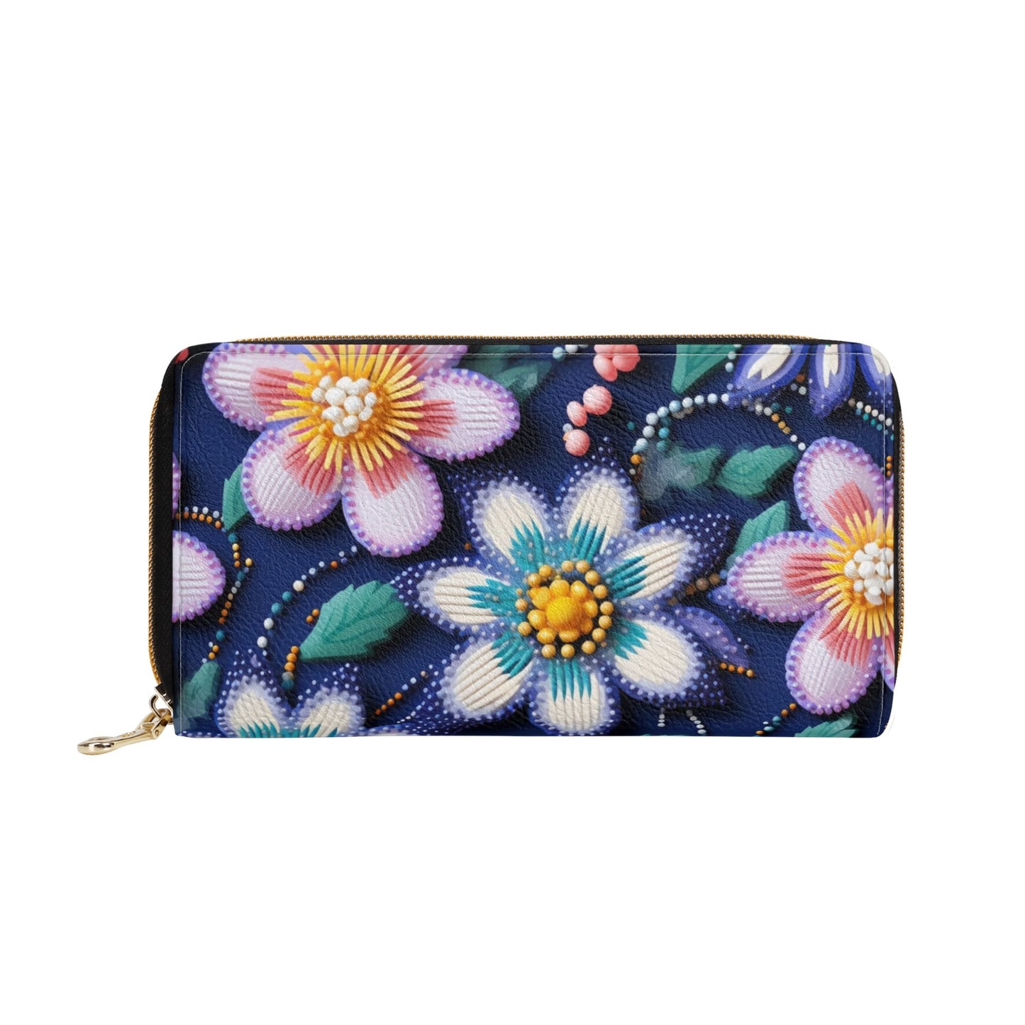 Spring Beaded Print PU Zipper Wallet