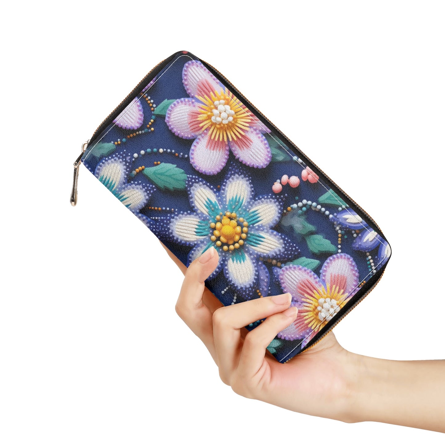 Spring Beaded Print PU Zipper Wallet