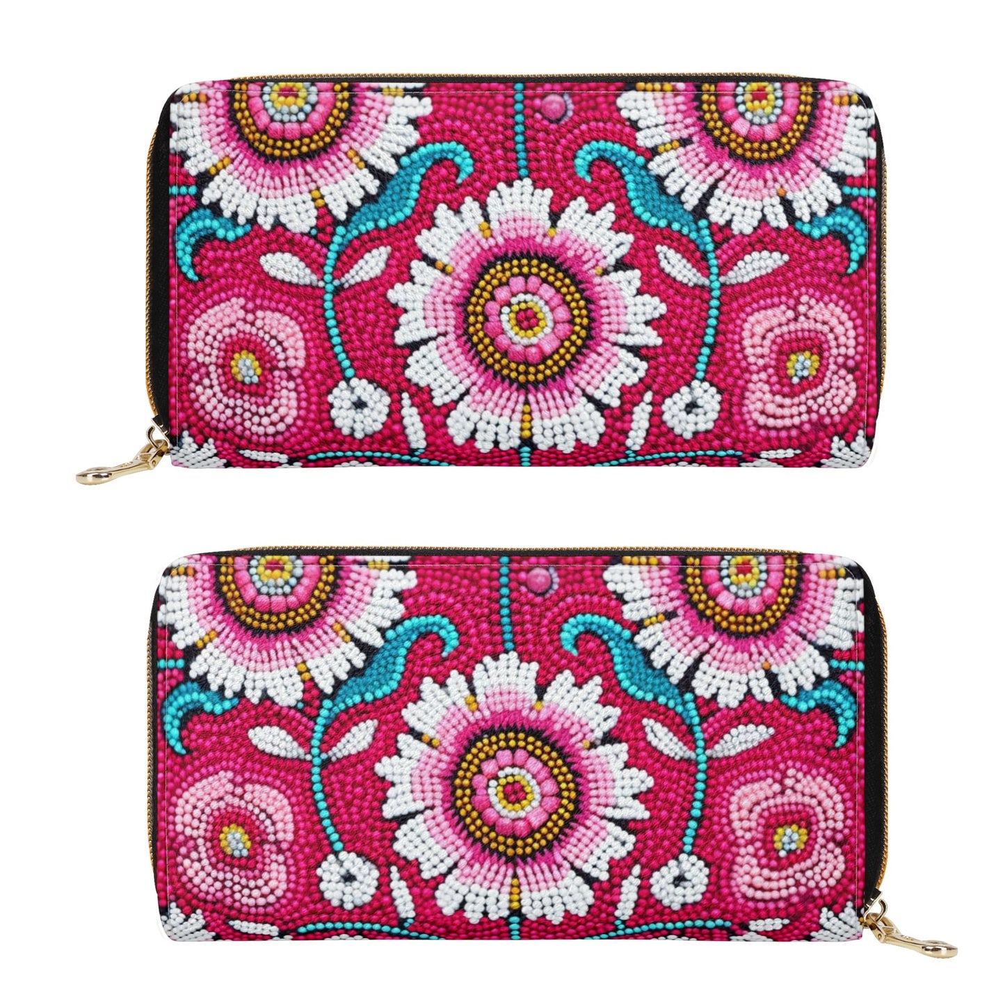 Pink Floral Beaded Print PU Zipper Wallet