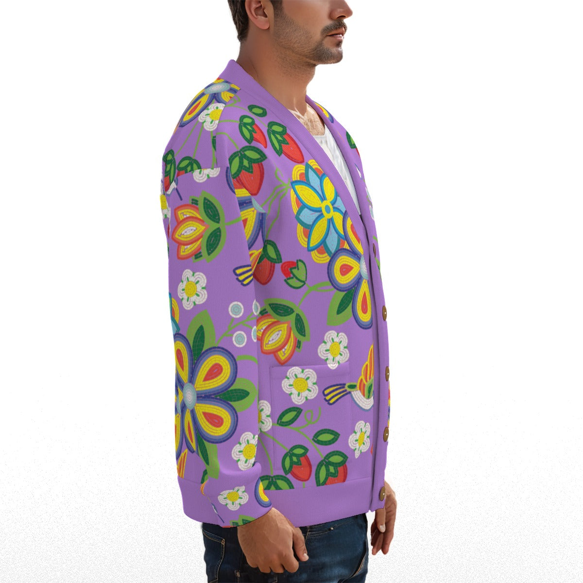 Unisex Métis Lavender Floral Beaded Fleece Cardigan