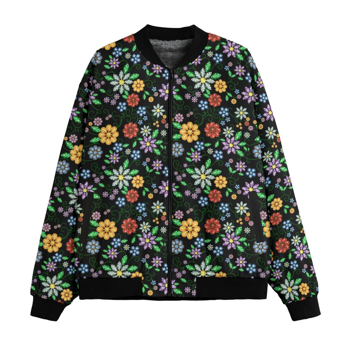 Métis Inspired Floral Beaded Fleece Bomber Jacket
