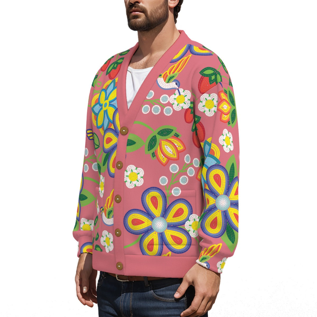 Unisex Métis Floral Beaded Fleece Cardigan