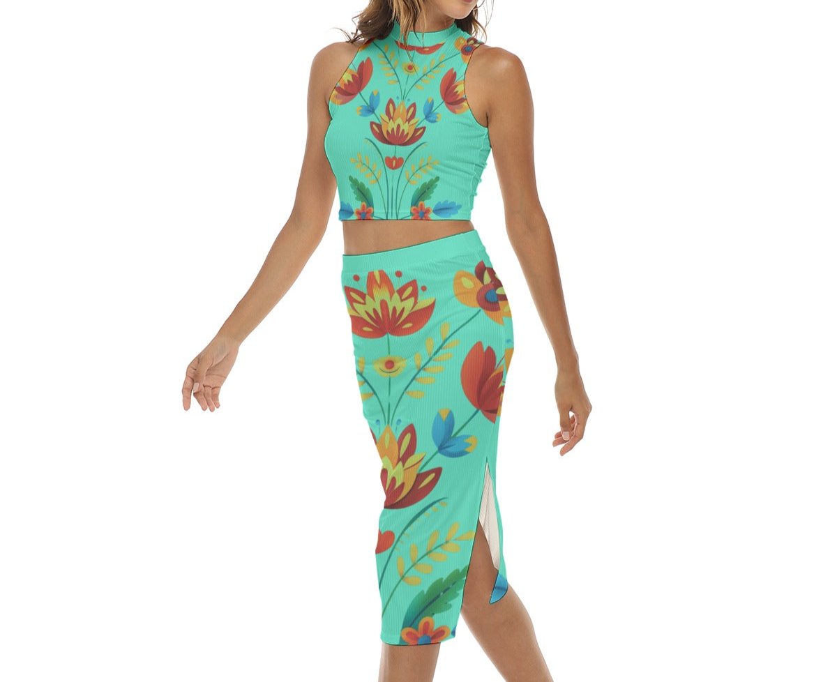 Women's Turquoise Floral Pencil Skirt Set