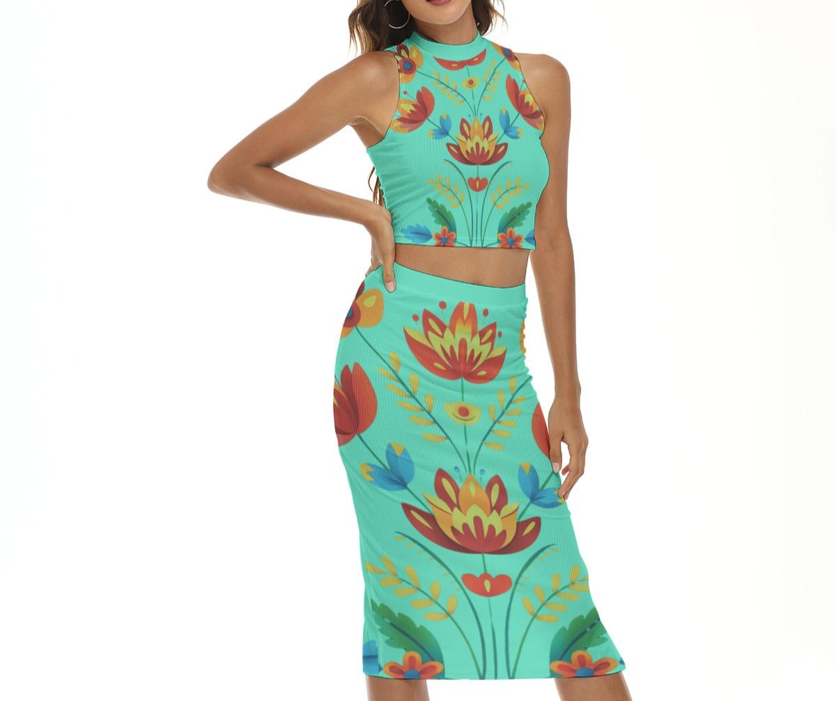 Women's Turquoise Floral Pencil Skirt Set