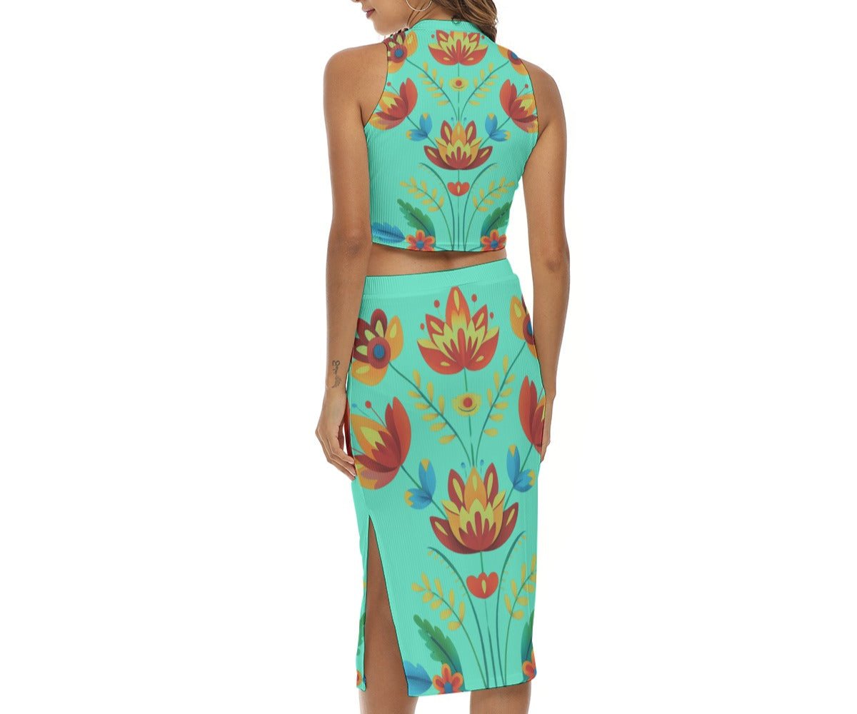 Women's Turquoise Floral Pencil Skirt Set