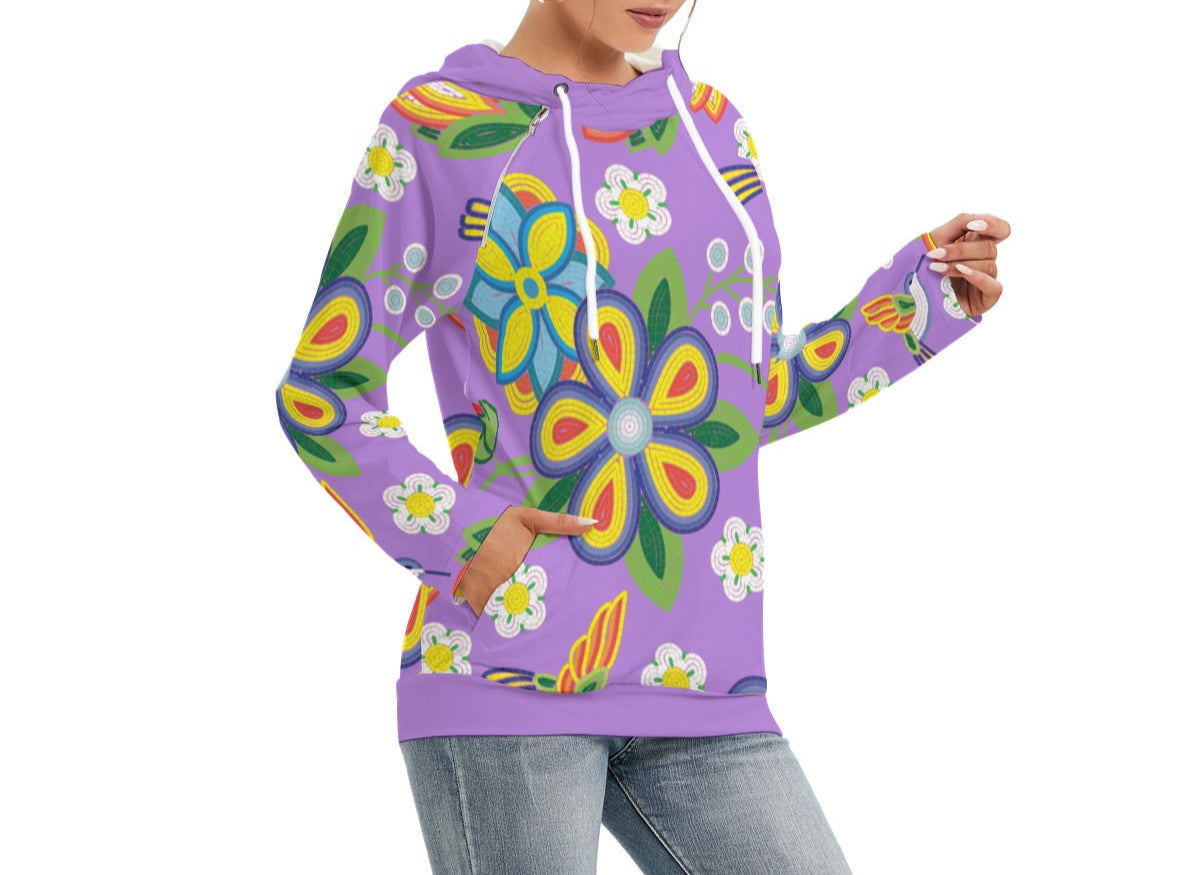 Lavender Floral Beaded Double Hooded Lightweight Sweater