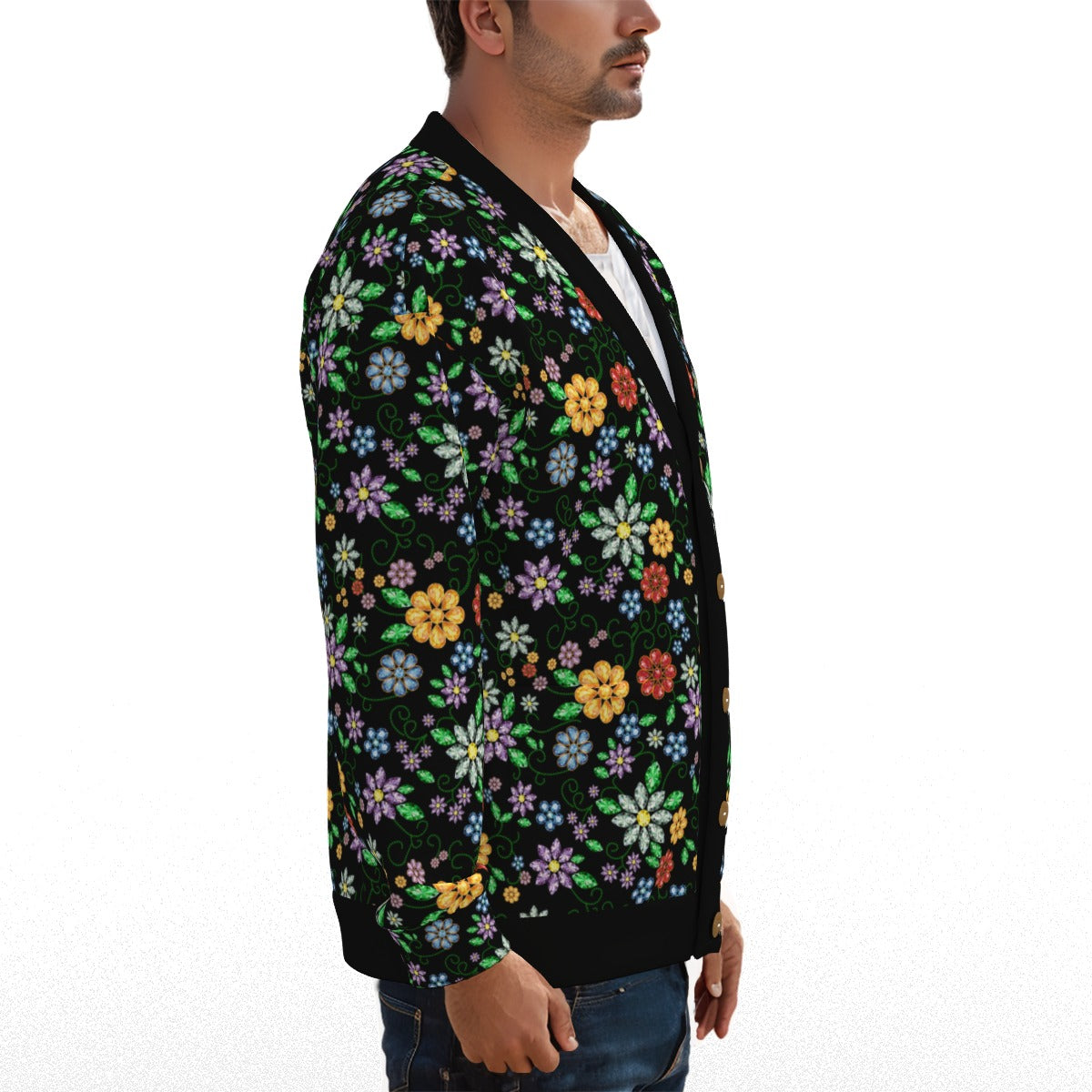 Unisex Métis Inspired Floral Beaded Fleece Cardigan