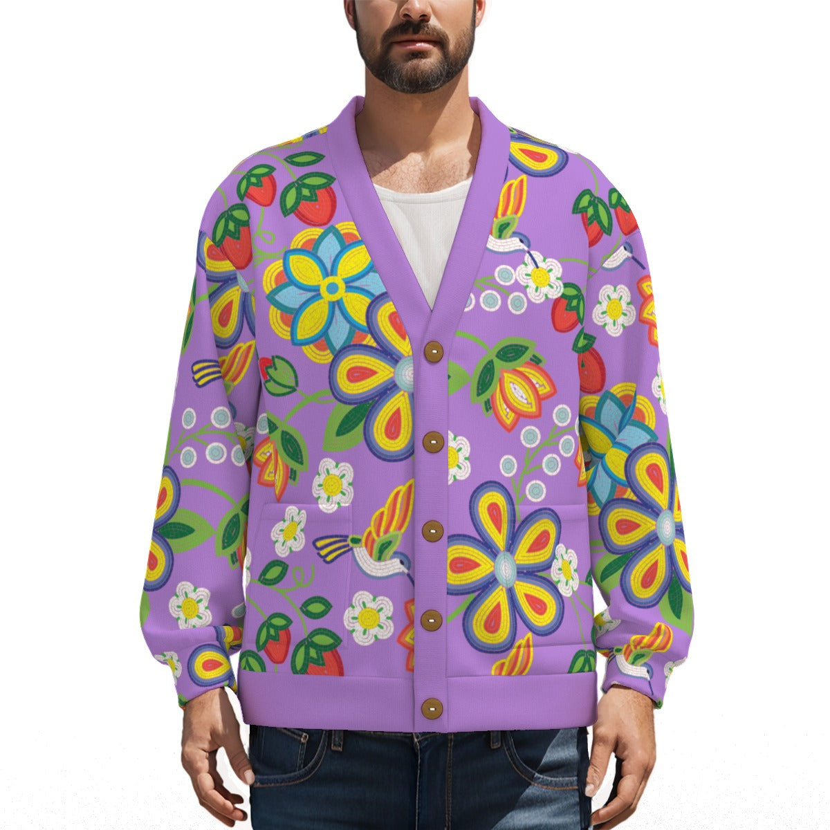 Unisex Métis Lavender Floral Beaded Fleece Cardigan
