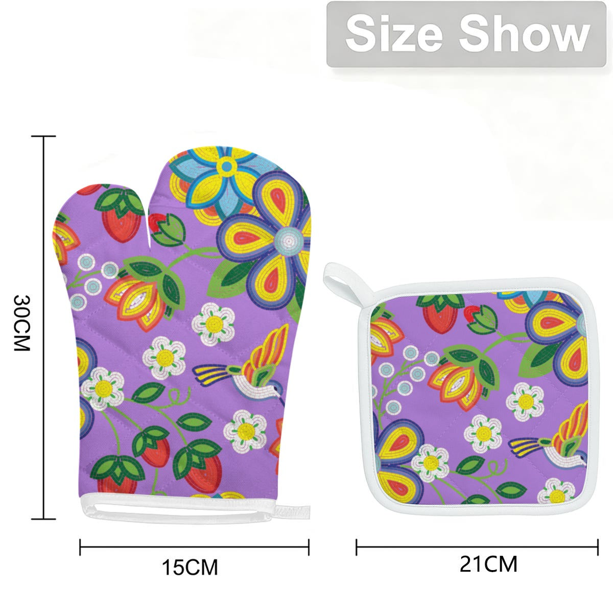 Métis Lavender Floral Beaded Oven Mitt & Pot Holder Set