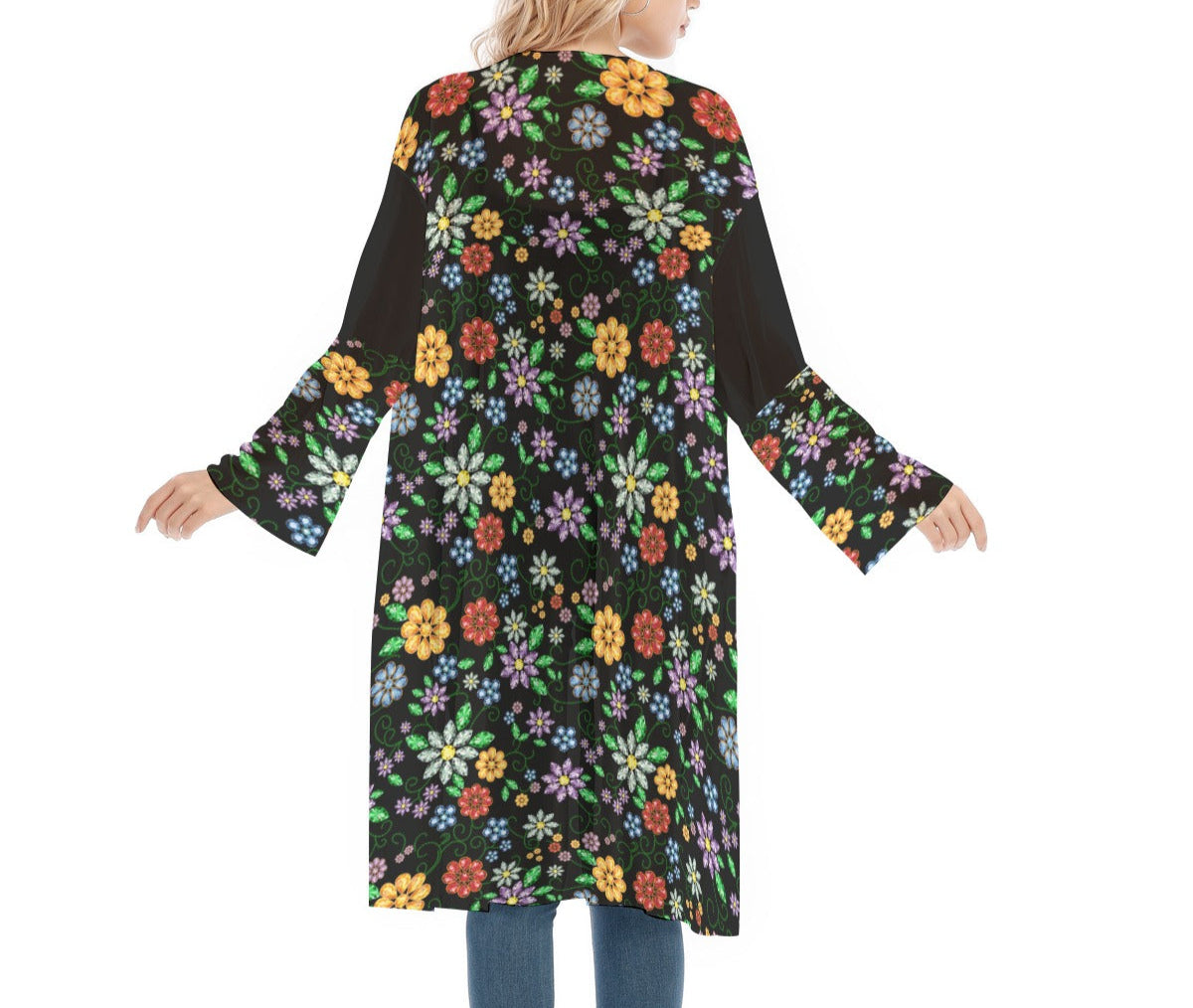 Métis Inspired Floral Beaded Mesh Cardigan