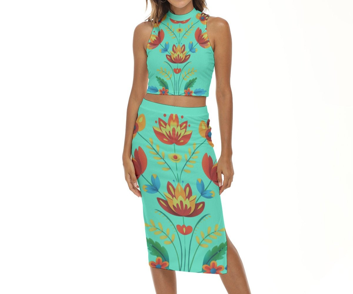 Women's Turquoise Floral Pencil Skirt Set