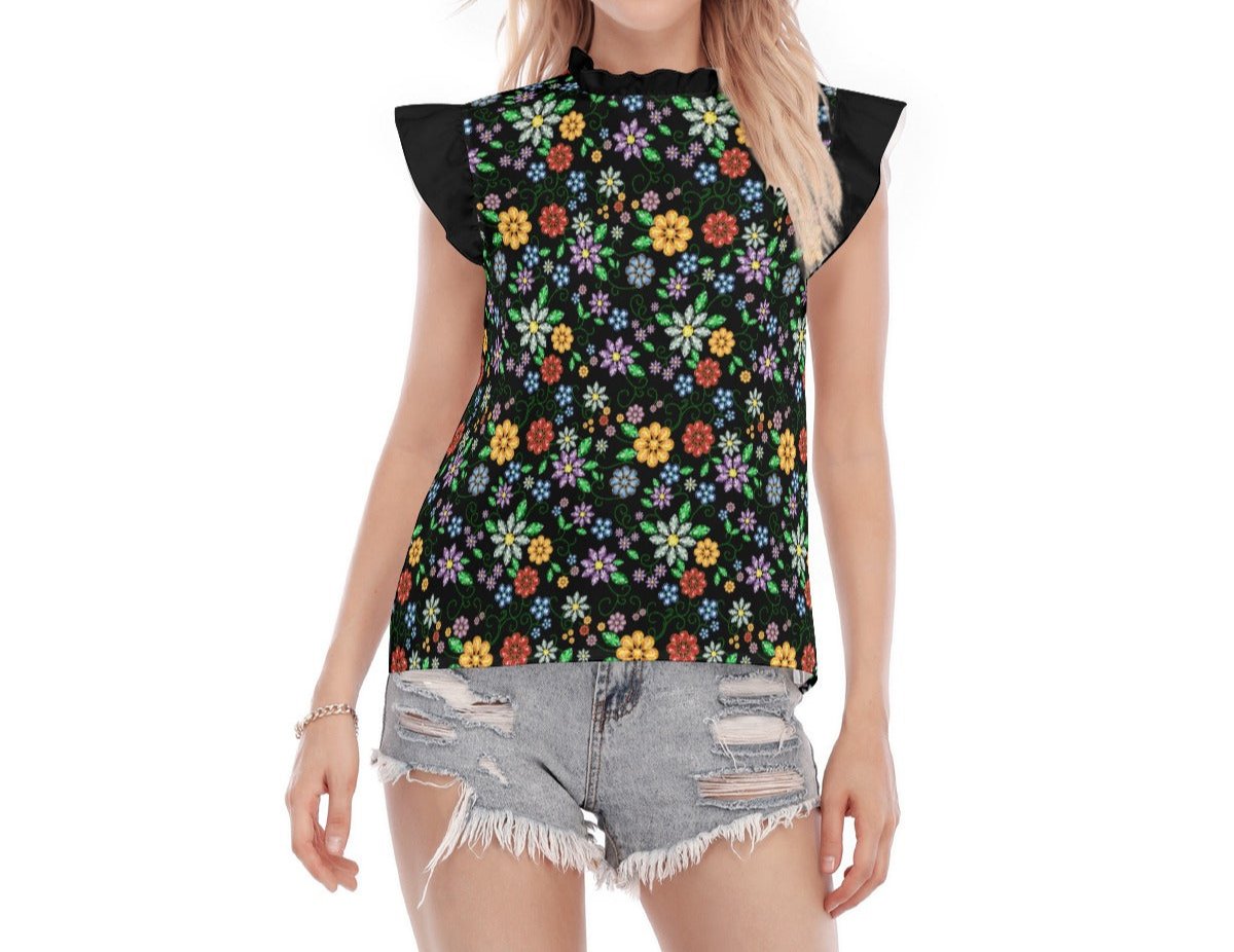 Women's Métis Inspired Floral Beaded Ruffle Blouse