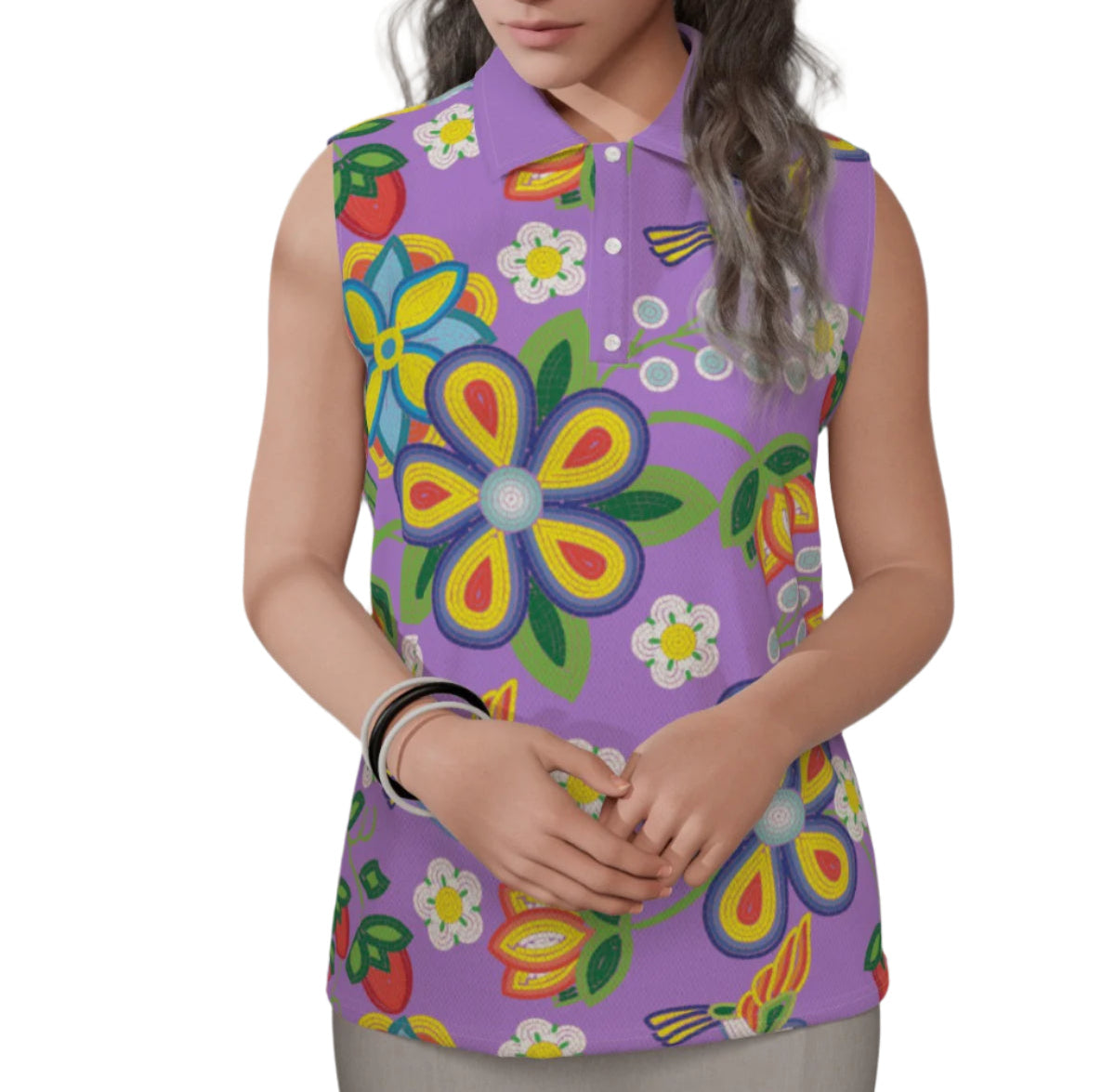 Métis Lavender Floral Beaded Sleeveless Polo