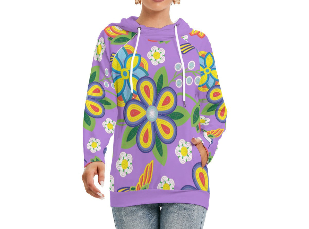 Lavender Floral Beaded Double Hooded Lightweight Sweater