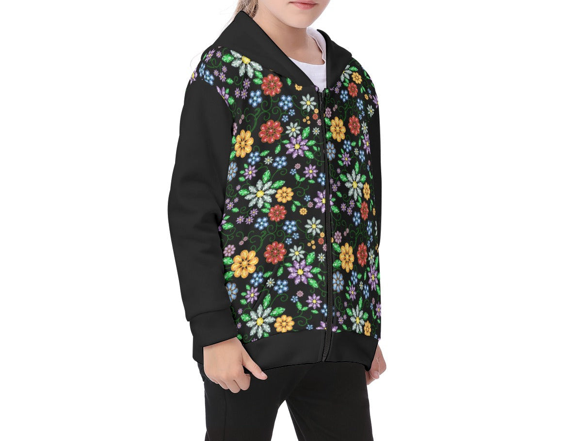 Métis Inspired Floral Beaded Fleece Zip Hoodie