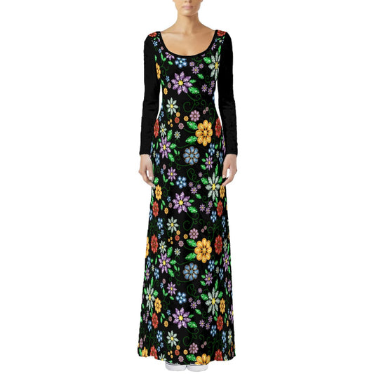 Métis Inspired Floral Beaded Velvet Maxi Dress