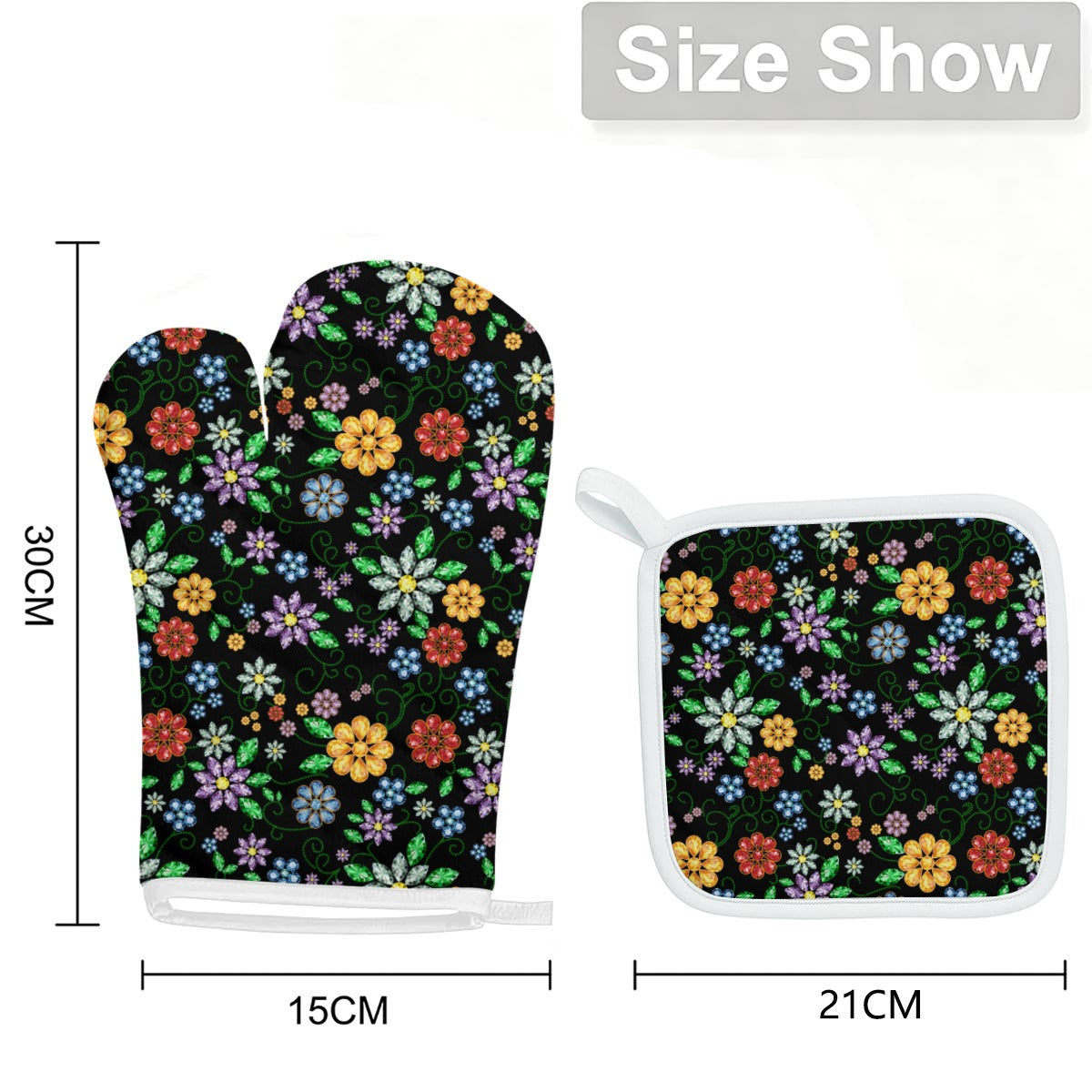 Métis Inspired Floral Beaded Oven Mitt & Pot Holder Set