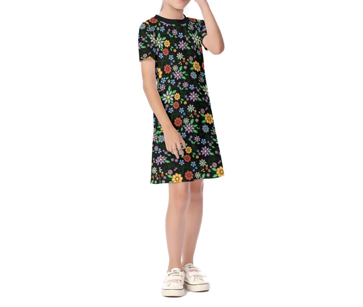 Children's Métis Inspired Floral Beaded Short Sleeve Dress