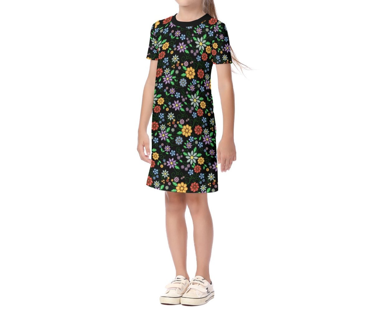 Children's Métis Inspired Floral Beaded Short Sleeve Dress