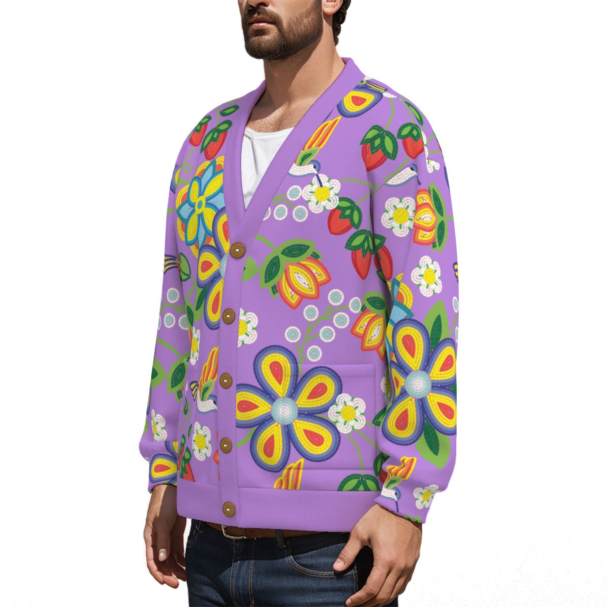 Unisex Métis Lavender Floral Beaded Fleece Cardigan