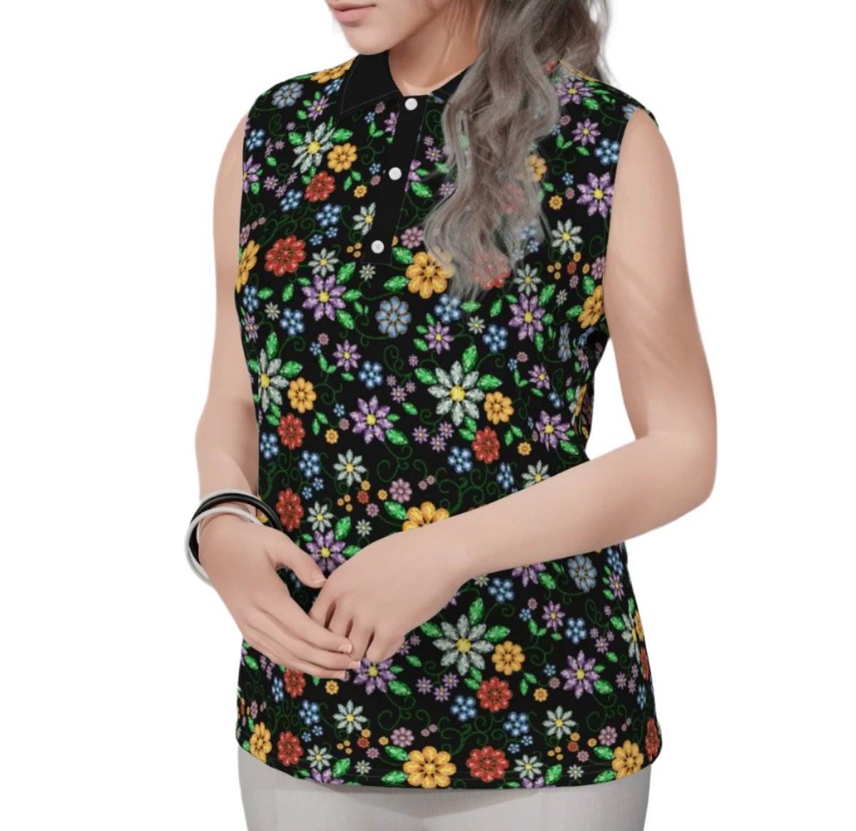 Women's Métis Inspired Floral Beaded Sleeveless Polo