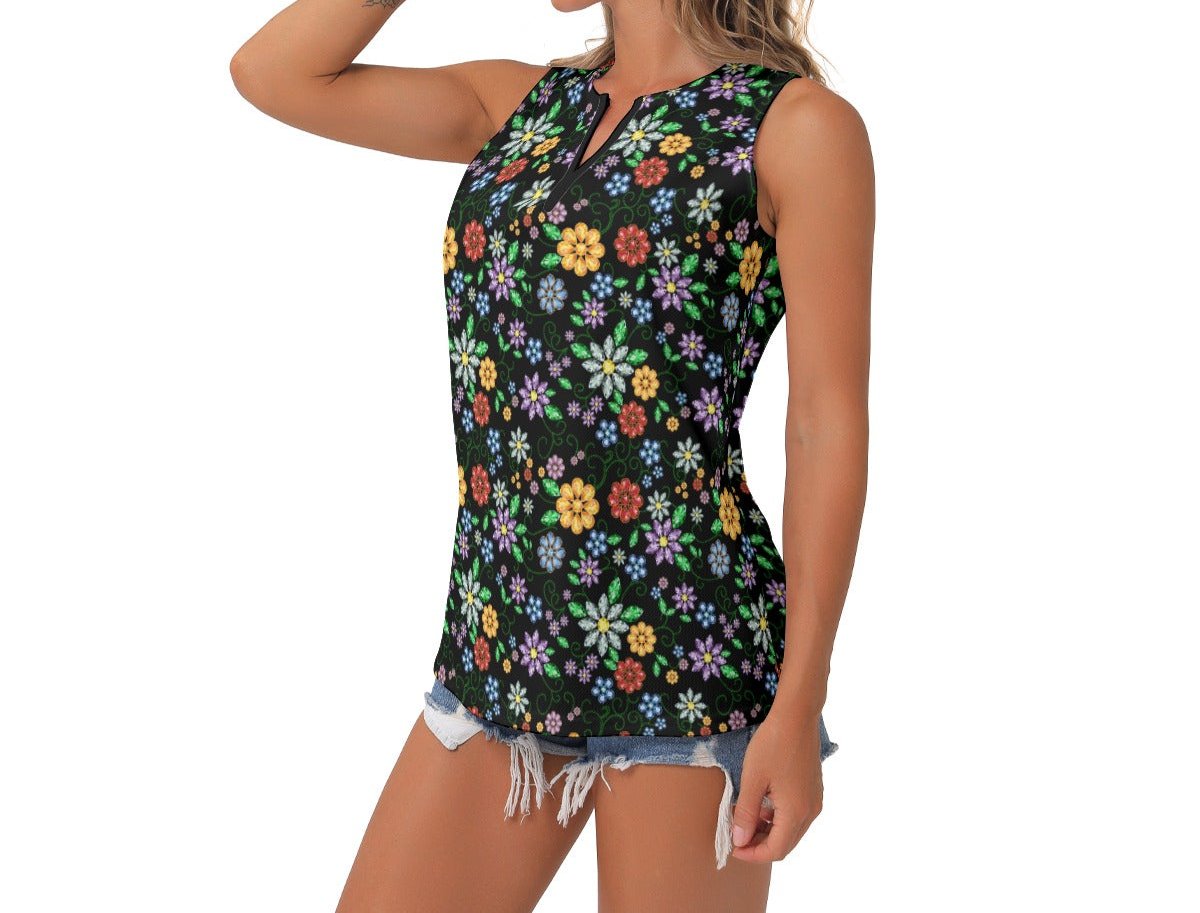 Women's Métis Inspired Floral Beaded Sleeveless V-Neck Top