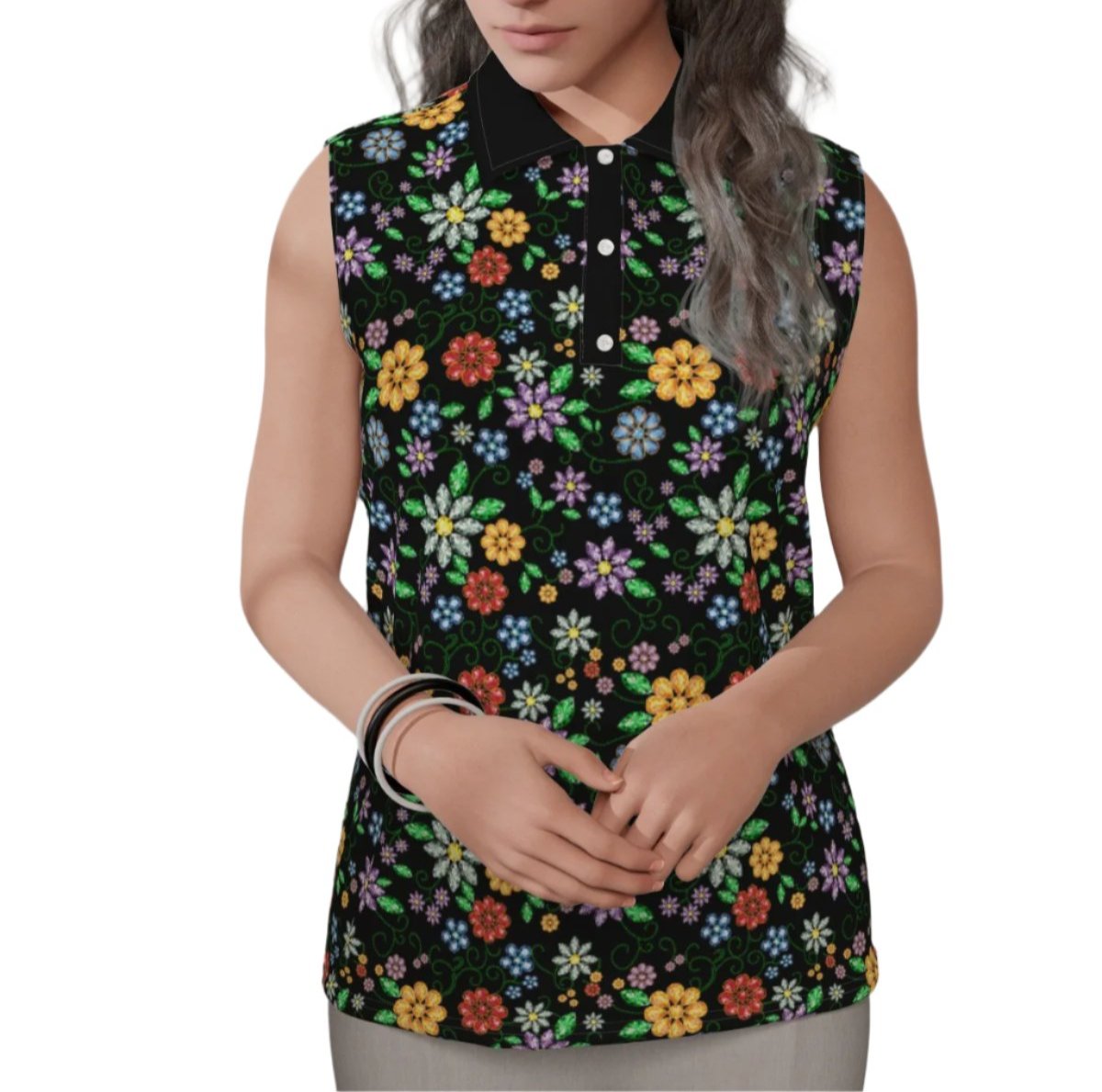 Women's Métis Inspired Floral Beaded Sleeveless Polo