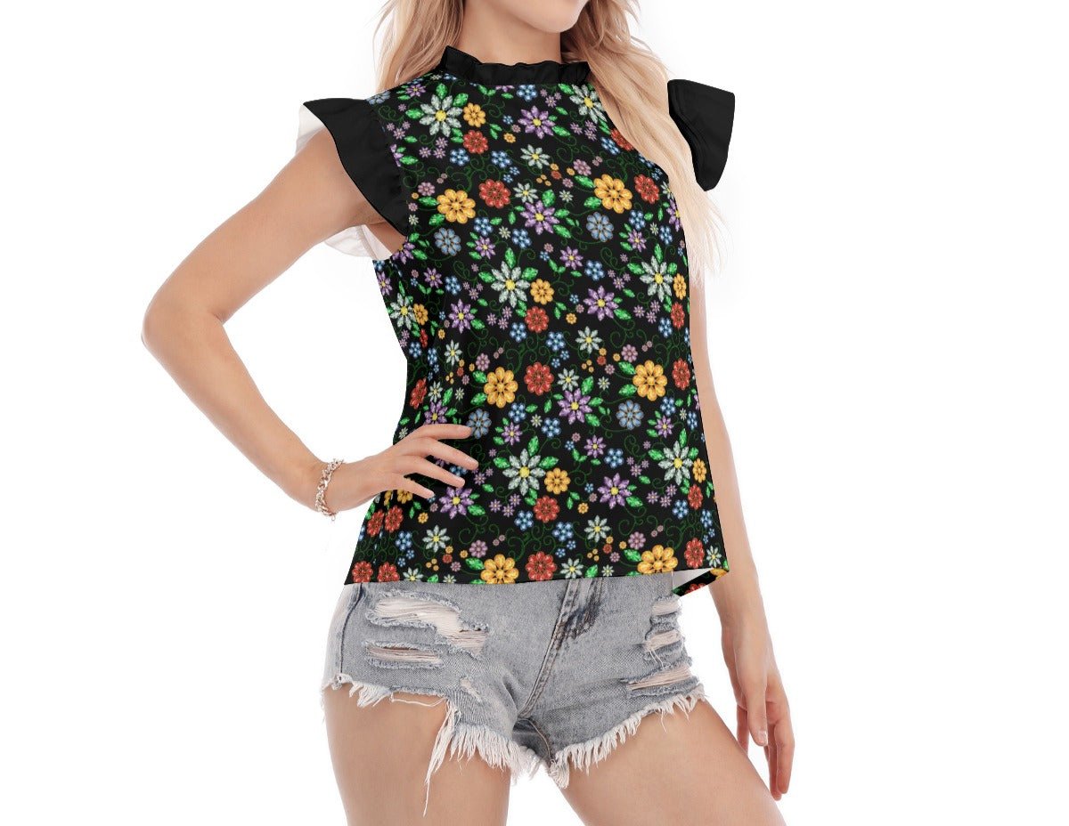 Women's Métis Inspired Floral Beaded Ruffle Blouse