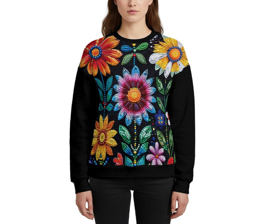 Summer Flower Beaded Waffle Knit Sweatshirt
