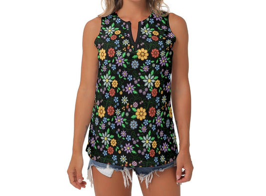 Women's Métis Inspired Floral Beaded Sleeveless V-Neck Top