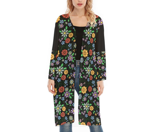 Métis Inspired Floral Beaded Mesh Cardigan