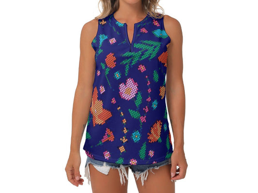 Women's Métis Digital Dotted Floral Sleeveless V-Neck Top