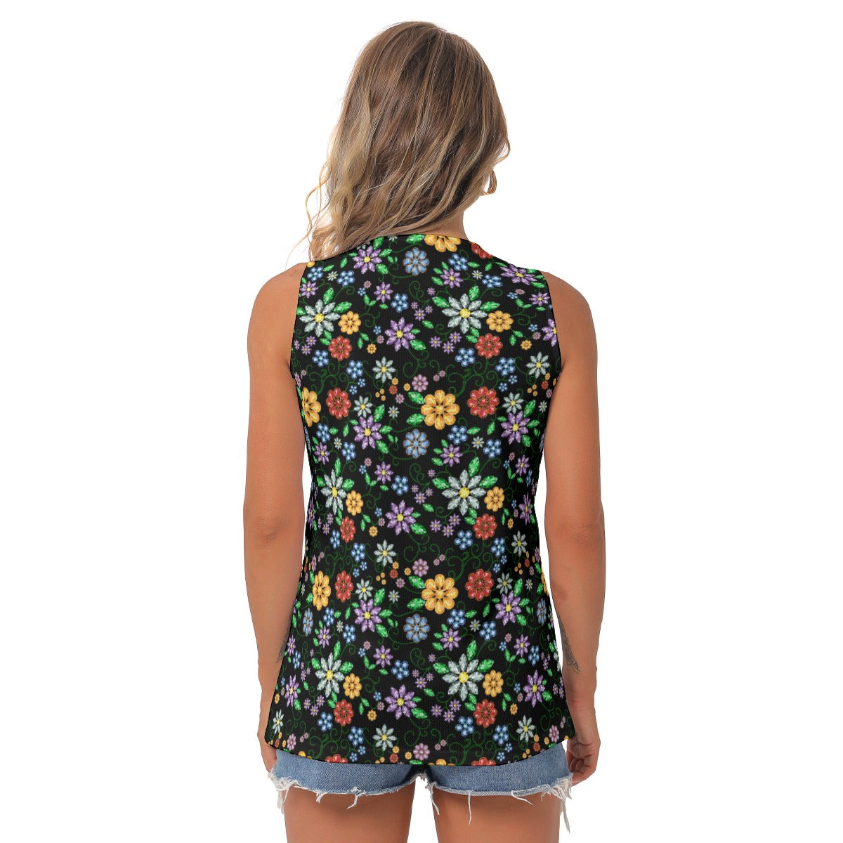 Women's Métis Inspired Floral Beaded Sleeveless V-Neck Top